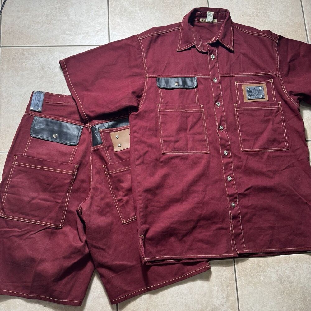 Vintage 90s Paco Sports Burgundy Jeans Leather Shirt & Shorts Sz 36 XL Hip Hop